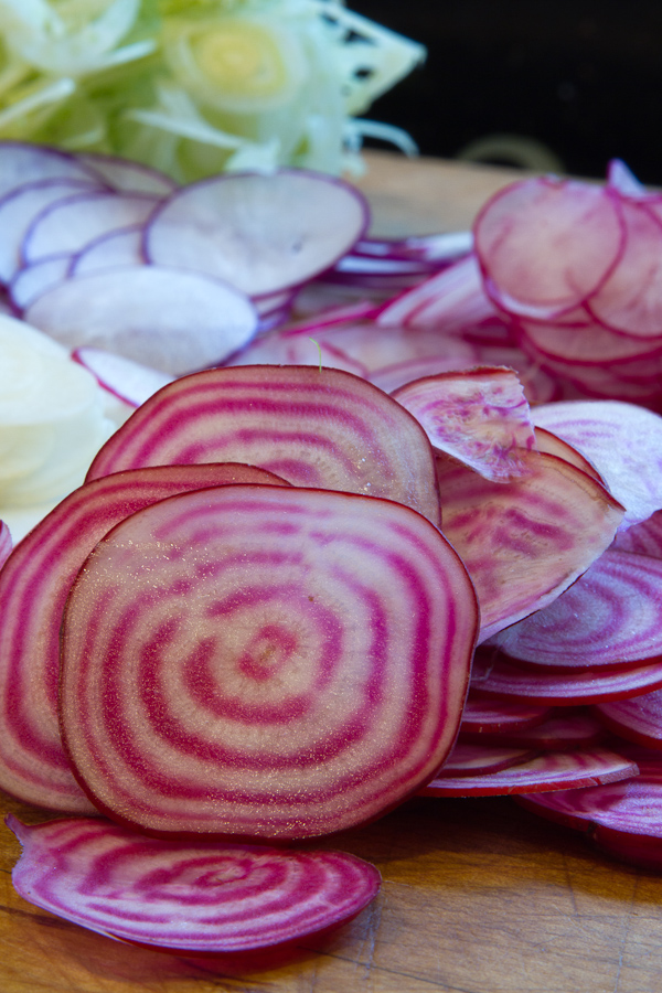 Chioggi beets, turnips, radishes, fennel.