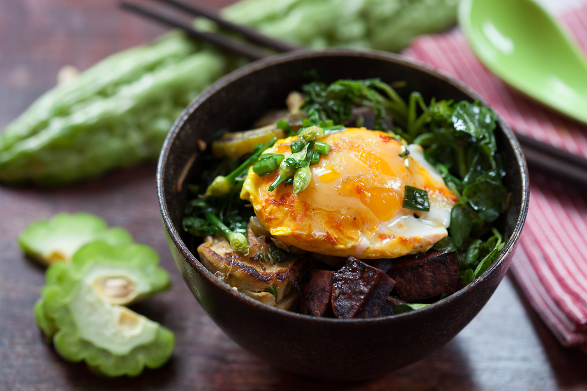 Tofu Stir-Fry with Bitter Melon, Sweet Potatoes and Tumeric Poached Eggs TGF-1
