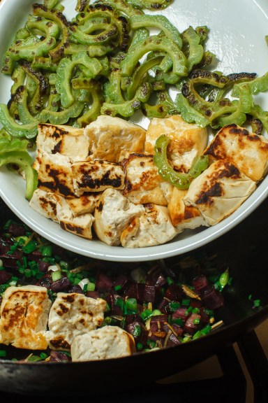 Tofu Stir-Fry with Bitter Melon, Sweet Potatoes and Turmeric Poached Eggs TGF-11