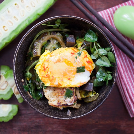 Tofu Stir-Fry with Bitter Melon, Sweet Potatoes and Tutmeric Poached Eggs TGF-13