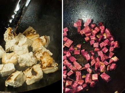 Tofu Stir-Fry with Bitter Melon, Sweet Potatoes and Turmeric Poached Eggs TGF-9