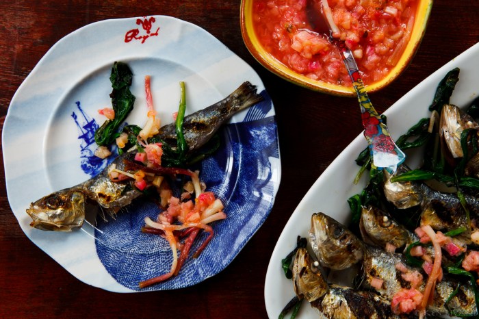 Grilled Sardines with Ramps and Rhubarb Agrodolce-2181