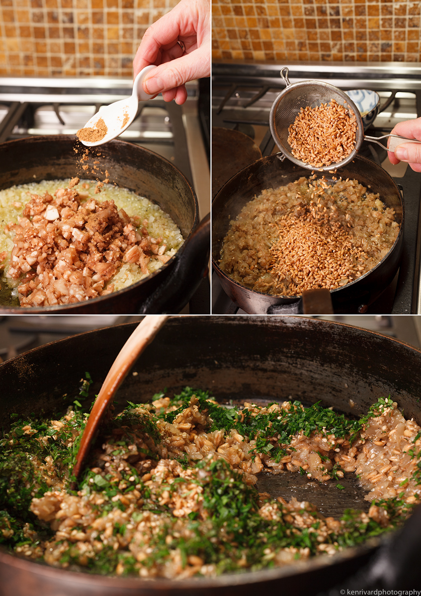 Eggplant with Farro, Ginger and Pomegranate 3-3-2